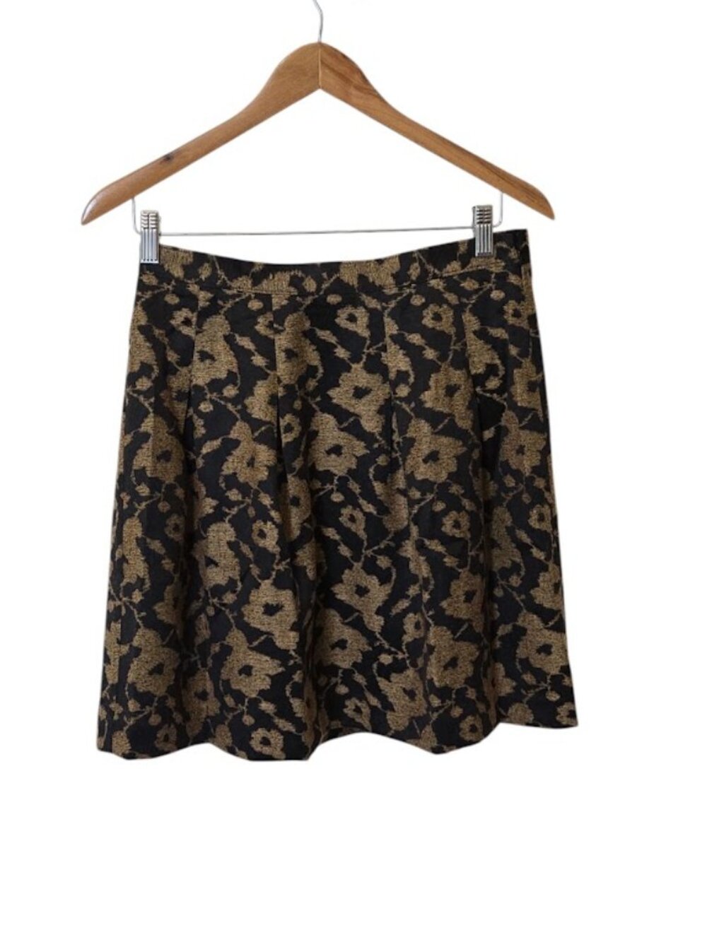 LOFT Black Gold Floral Jacquard Pleated A-Line Skirt Size 4 EUC